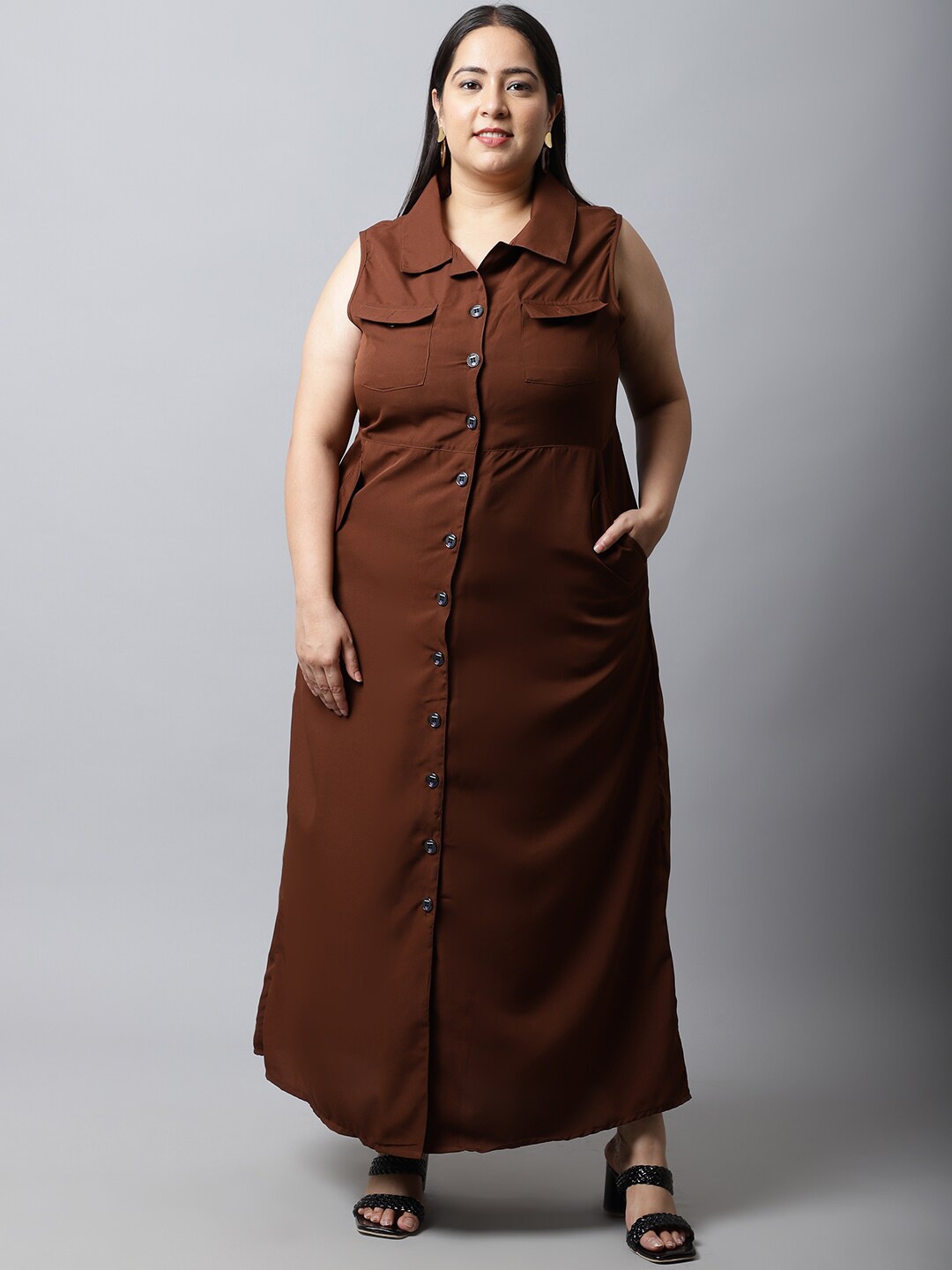 

Flambeur Crepe Shirt Style Casual Plus Size Maxi Dress, Brown