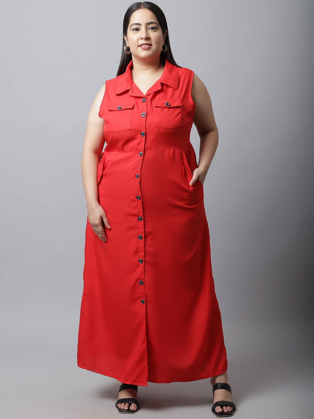 

Flambeur Women Shirt Style Plus Size Maxi Dress, Red
