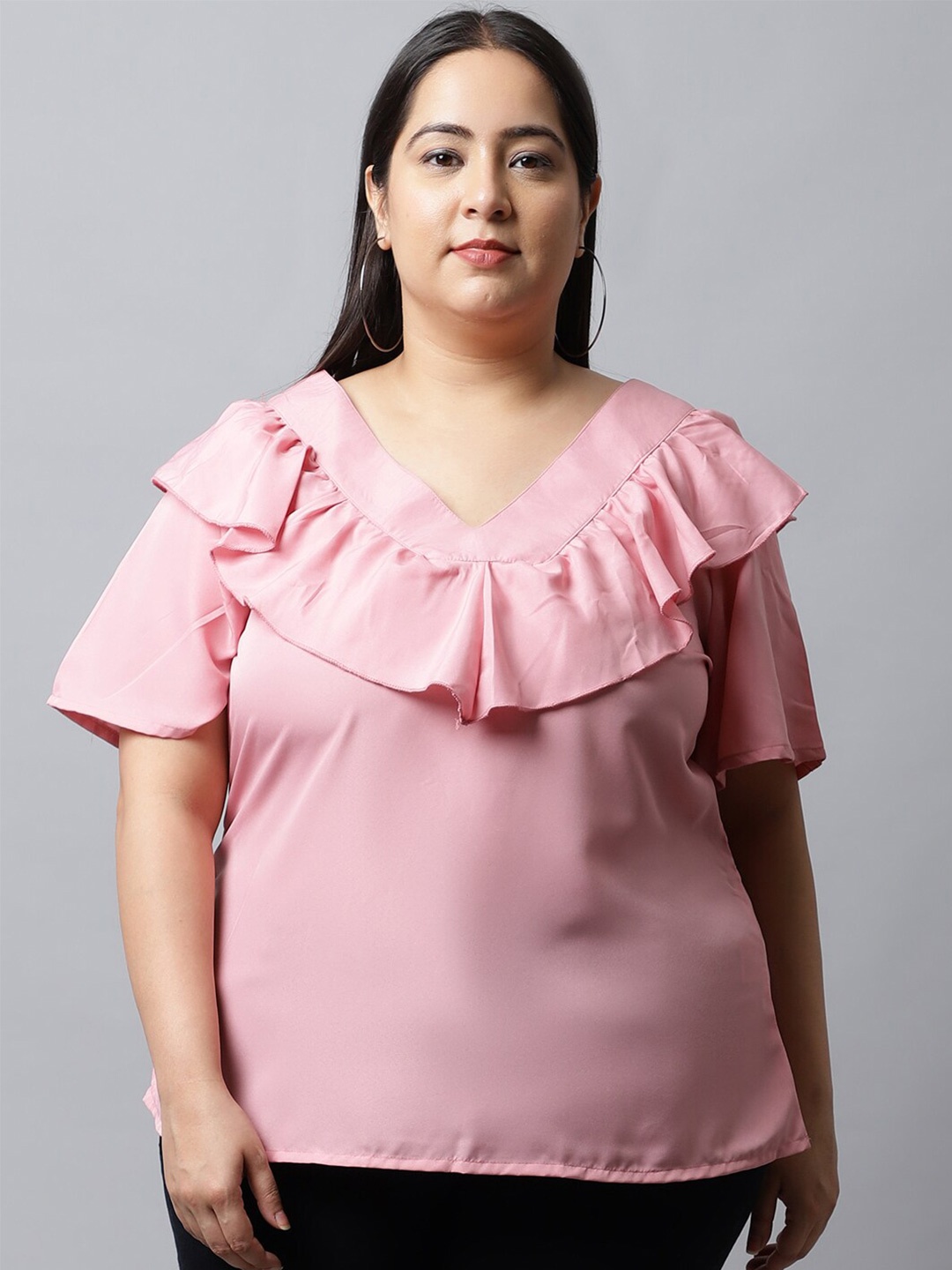 

Flambeur Plus Size Women Solid V-Neck Ruffles Crepe Top, Pink