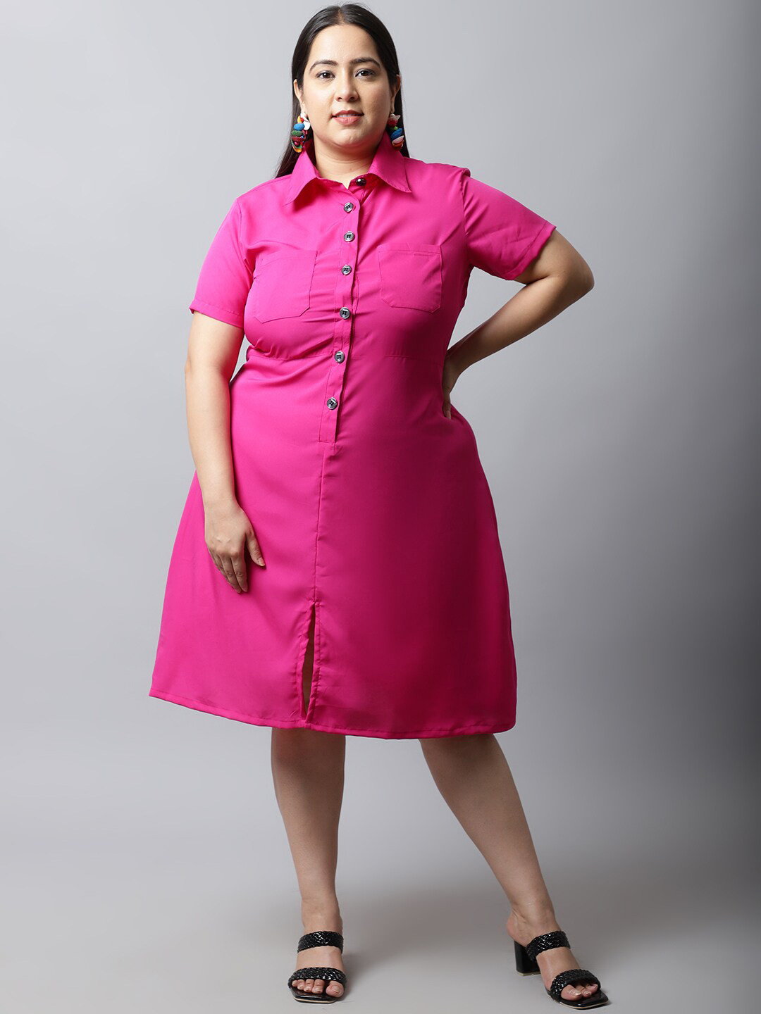 

Flambeur Plus Size Women Crepe Shirt Dress, Pink