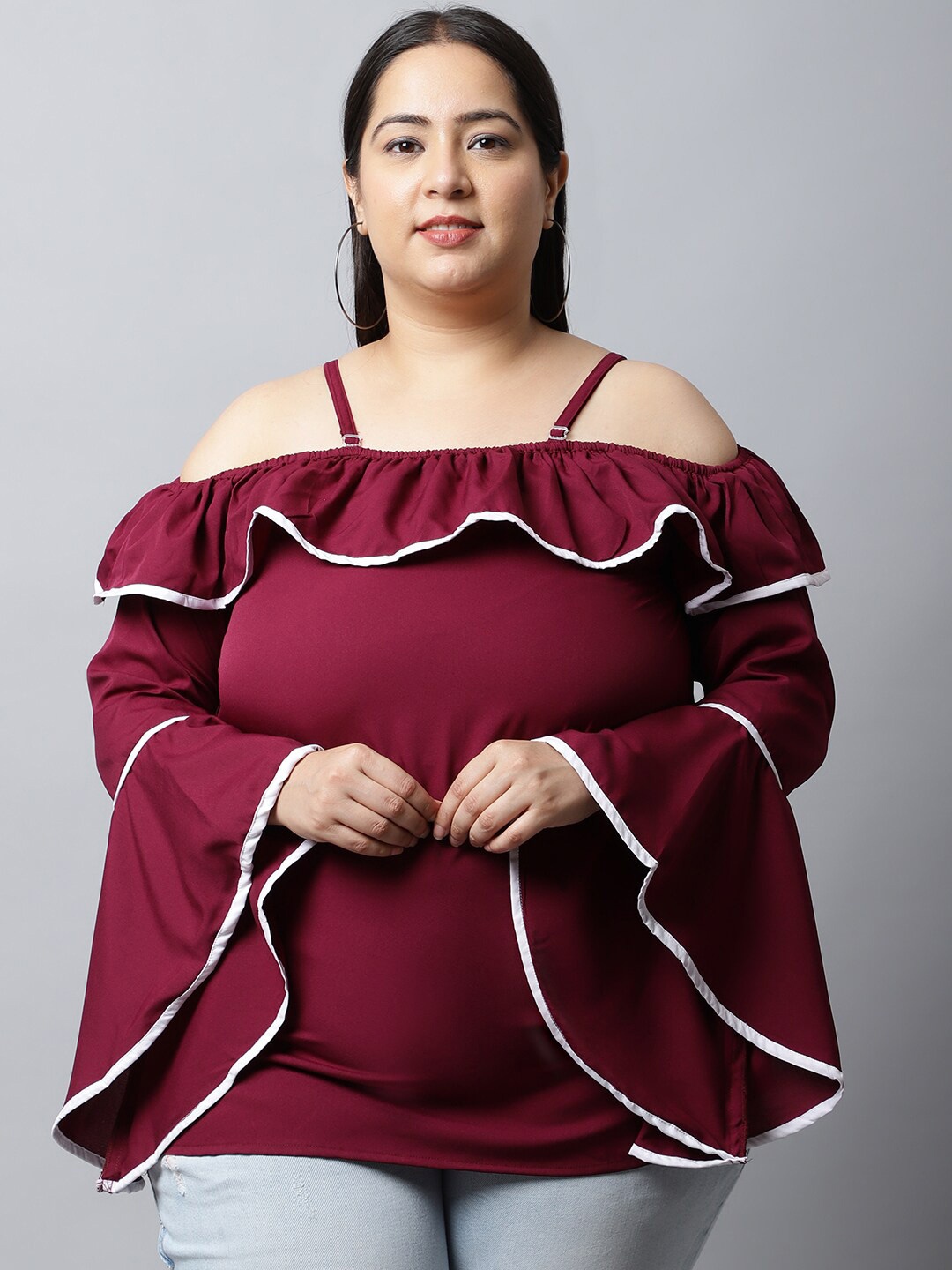 

Flambeur Plus Size Women Solid Off-Shoulder Crepe Bardot Top, Maroon