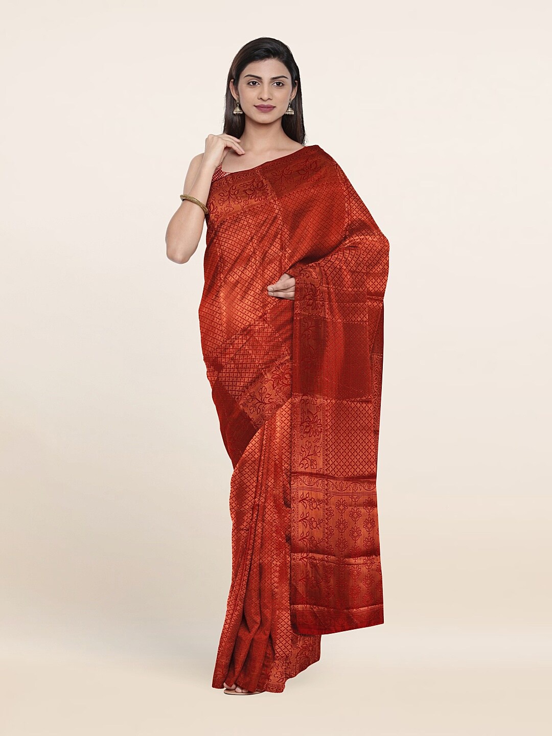 

Pothys Maroon & Copper-Toned Floral Zari Art Silk Saree