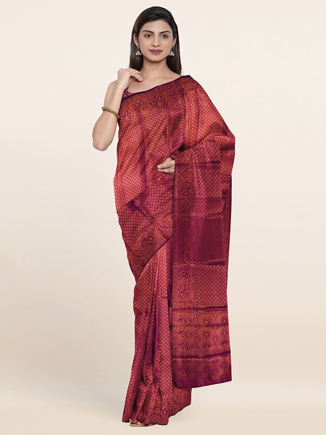 

Pothys Maroon & Copper-Toned Woven Design Zari Art Silk Saree