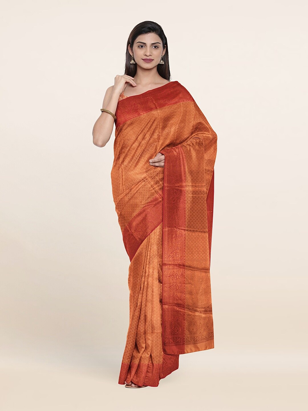 

Pothys Peach-Coloured & Copper-Toned Ethnic Motifs Zari Art Silk Saree