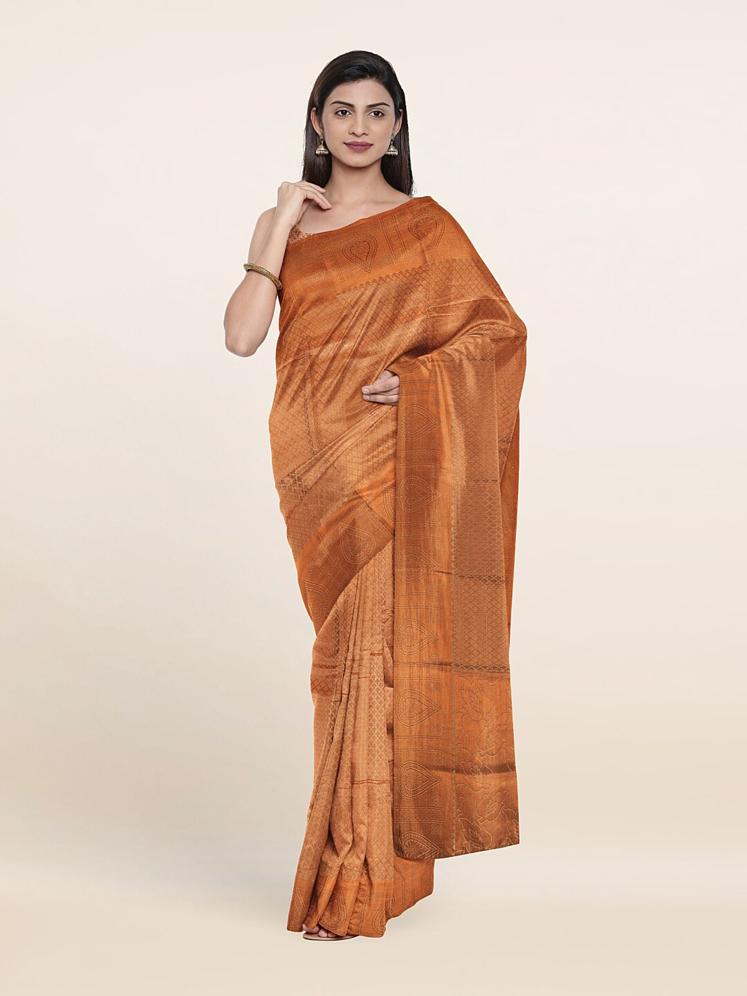 

Pothys Cream-Coloured & Copper-Toned Floral Zari Art Silk Saree
