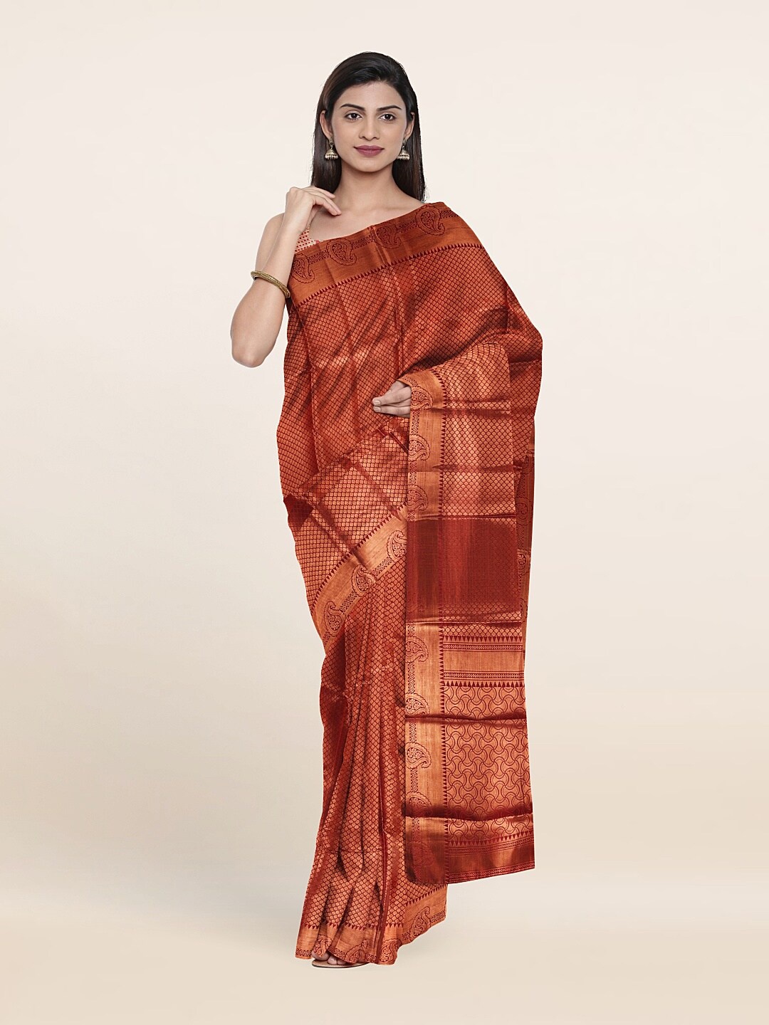 

Pothys Maroon & Copper-Toned Woven Design Zari Art Silk Saree