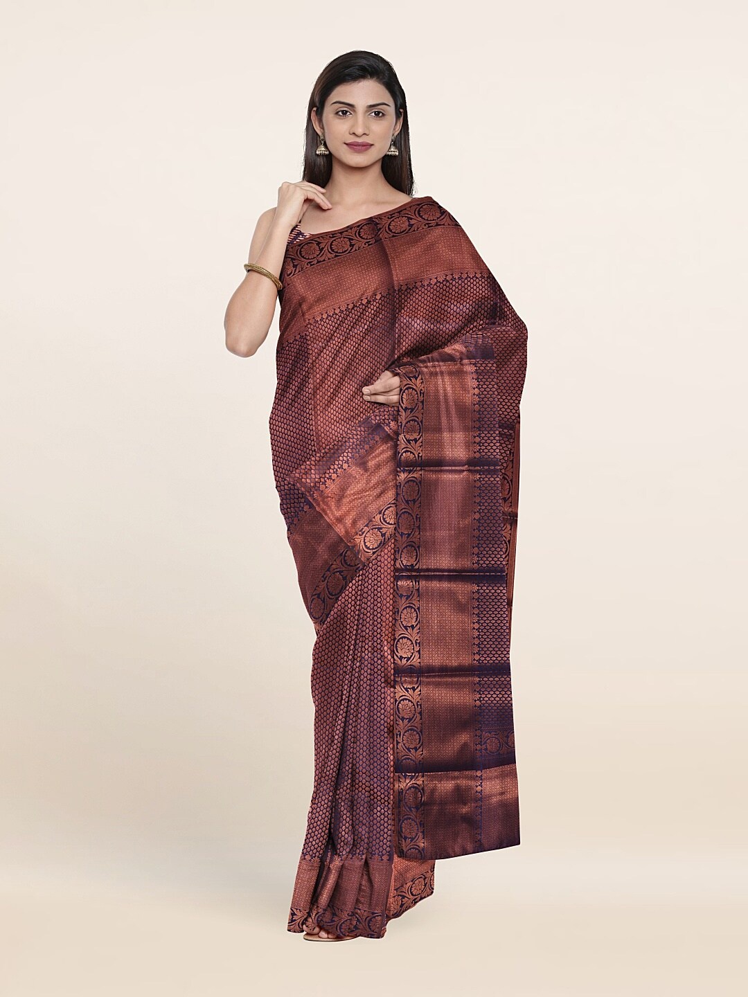 

Pothys Women Blue & Copper Woven Design Zari Art Silk Saree