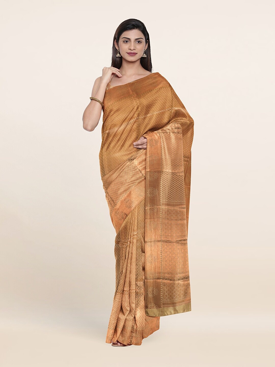 

Pothys Cream-Coloured & Copper-Toned Ethnic Motifs Zari Art Silk Saree