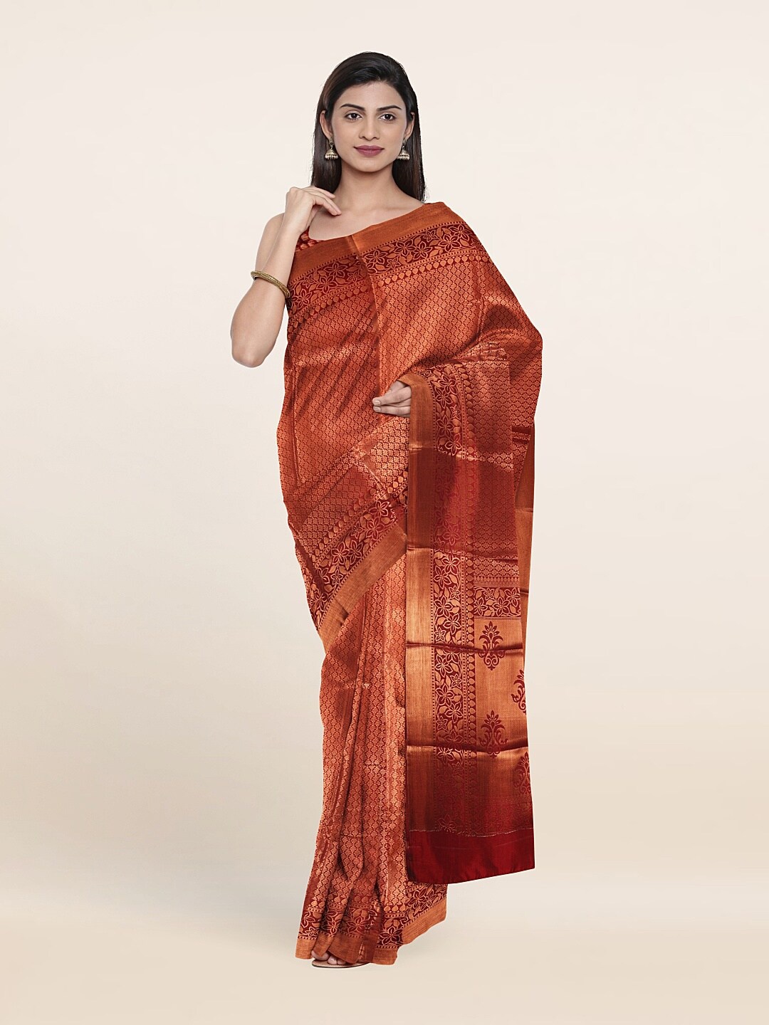 

Pothys Maroon & Copper-Toned Ethnic Motifs Zari Art Silk Saree