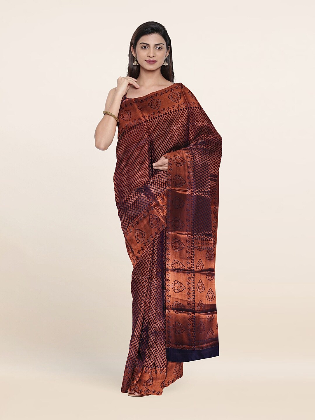 

Pothys Copper-Toned & Navy Blue Woven Design Zari Art Silk Saree