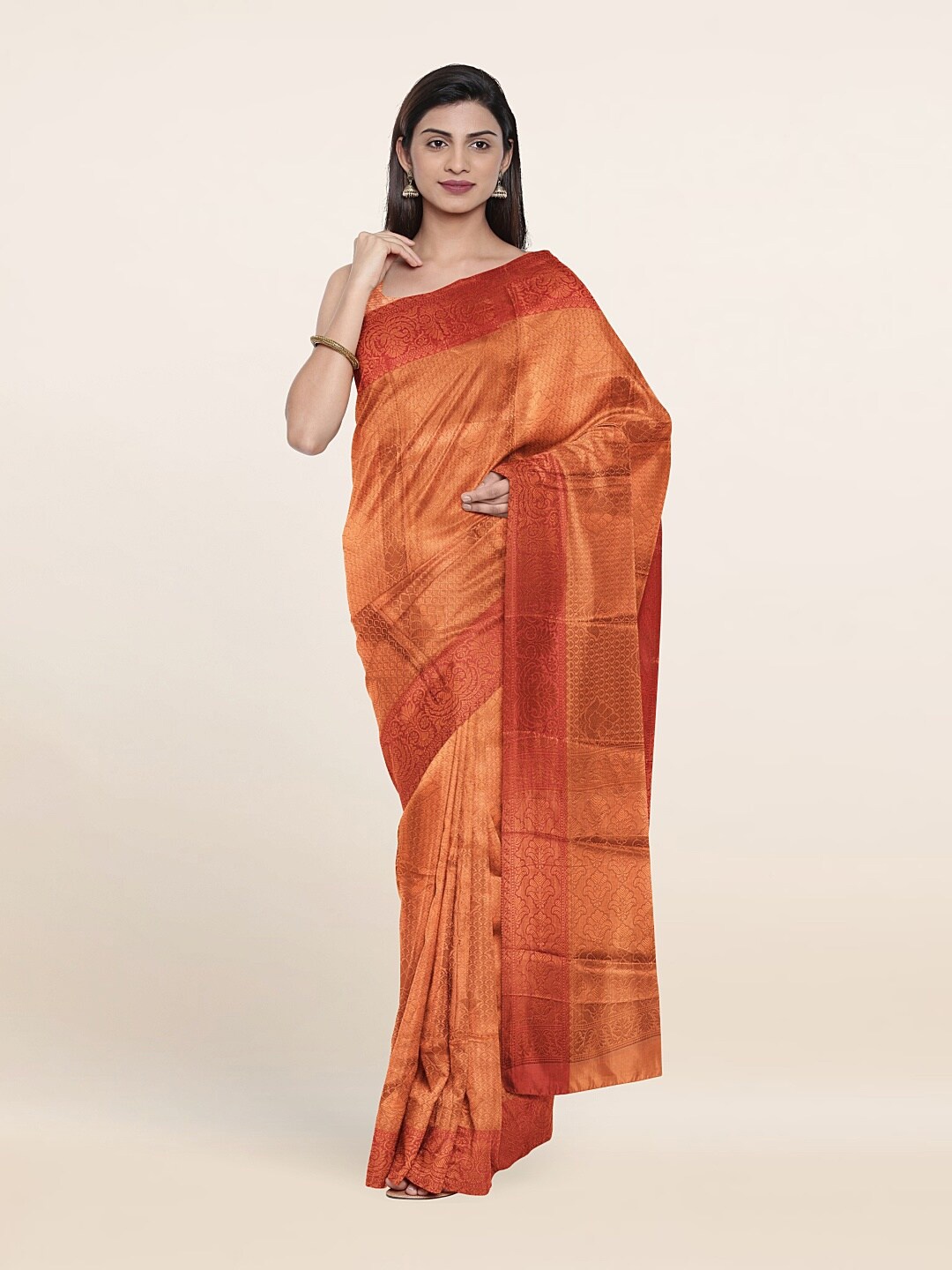 

Pothys Peach-Coloured & Gold-Toned Floral Zari Art Silk Saree