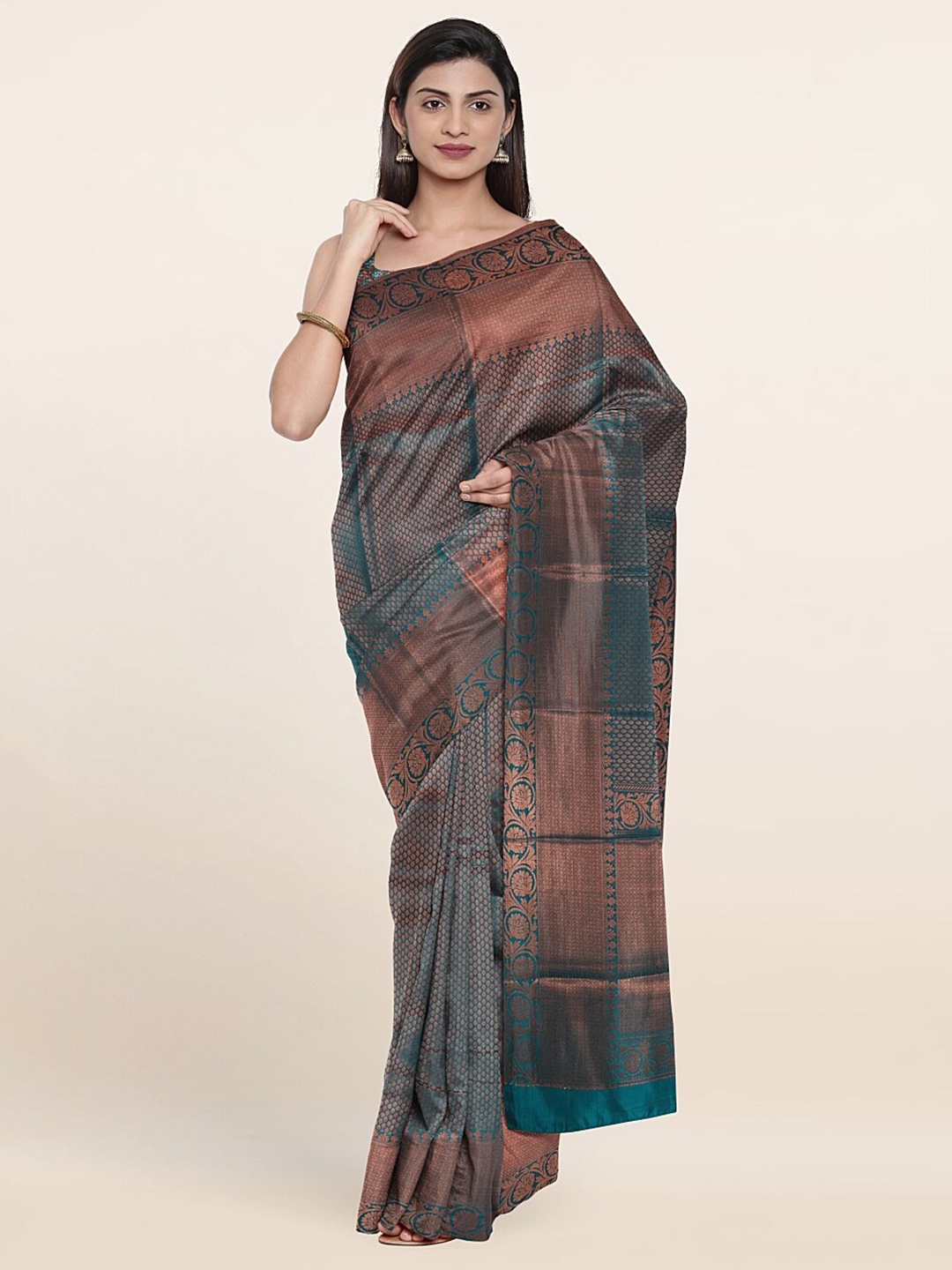 

Pothys Blue & Copper-Toned Woven Design Zari Art Silk Saree