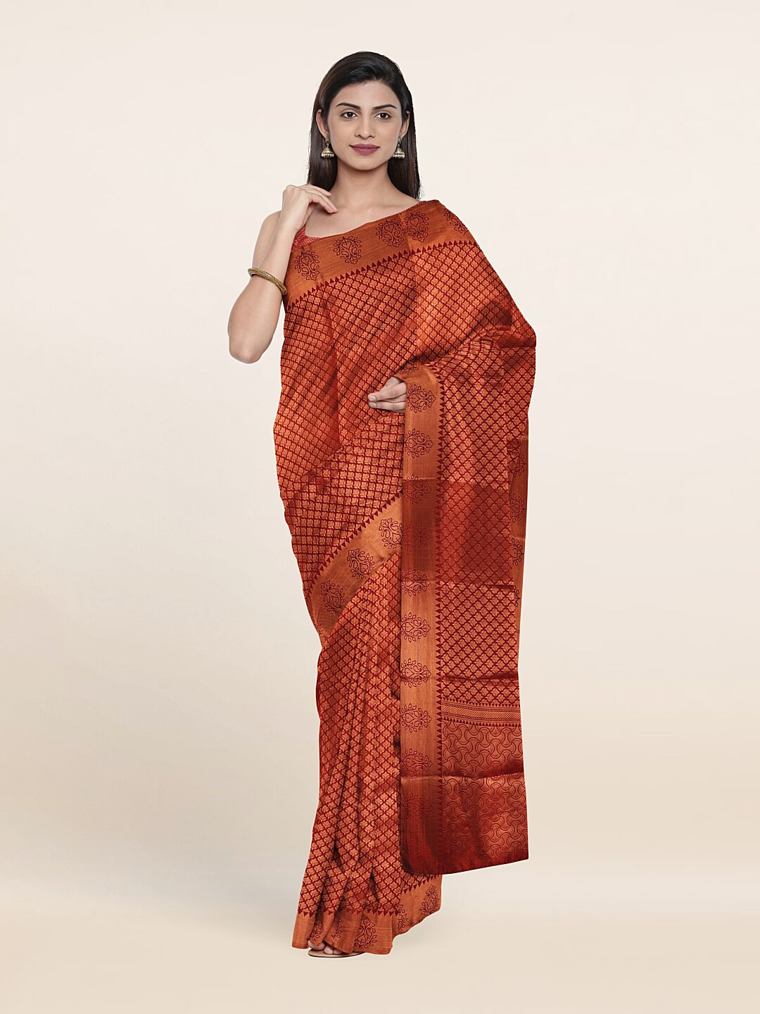 

Pothys Red & Copper-Toned Ethnic Motifs Zari Art Silk Saree