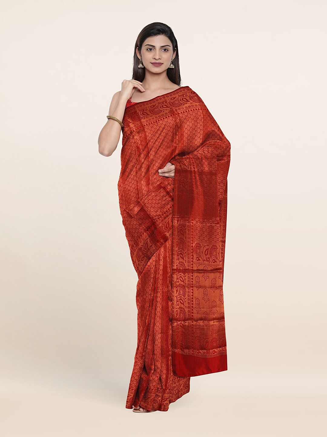 

Pothys Maroon & Copper-Toned Woven Design Zari Art Silk Saree