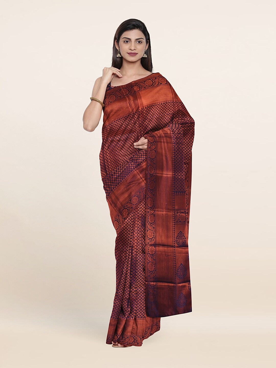 

Pothys Copper-Toned & Navy Blue Ethnic Motifs Woven Design Zari Art Silk Saree