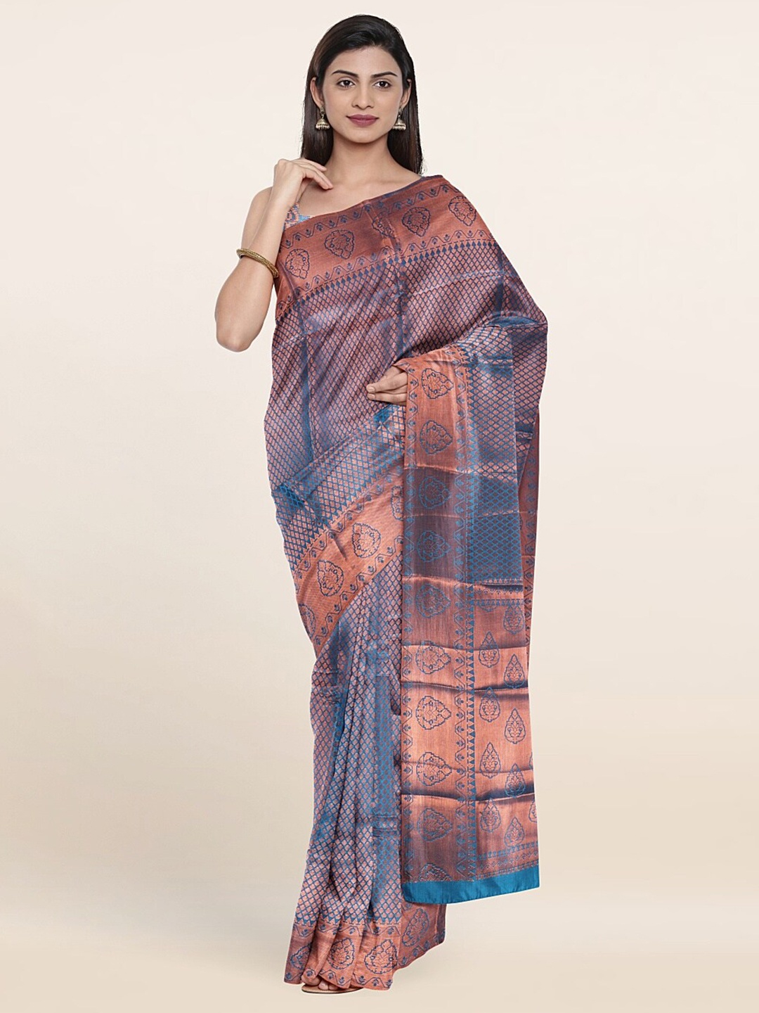 

Pothys Blue & Copper-Toned Ethnic Motifs Art Silk Saree