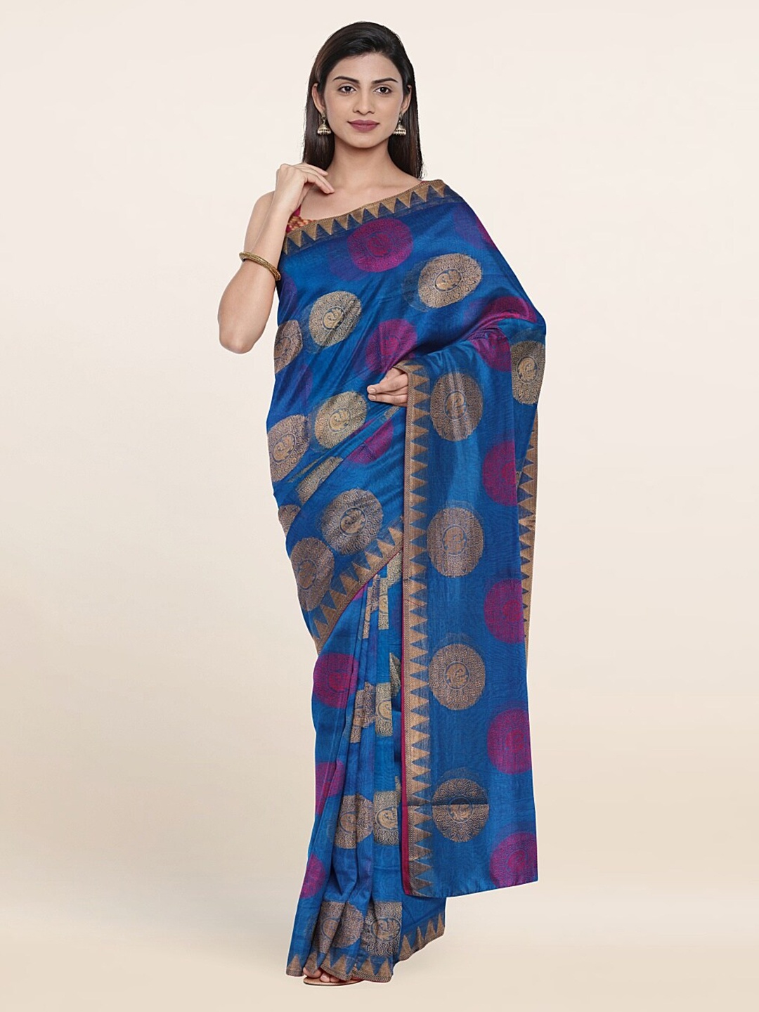 

Pothys Blue & Gold-Toned Ethnic Motifs Zari Saree