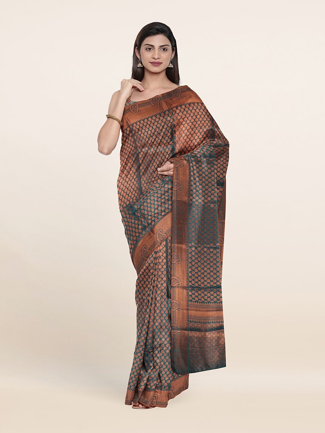 

Pothys Green & Copper-Toned Woven Design Art Silk Saree