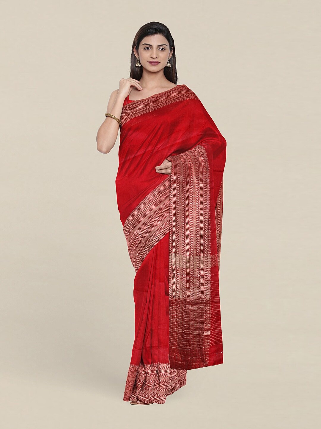 

Pothys Red & Gold-Toned Linen Blend Saree