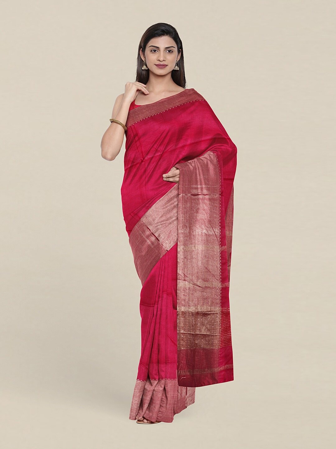 

Pothys Pink & Gold-Toned Linen Blend Zari Saree