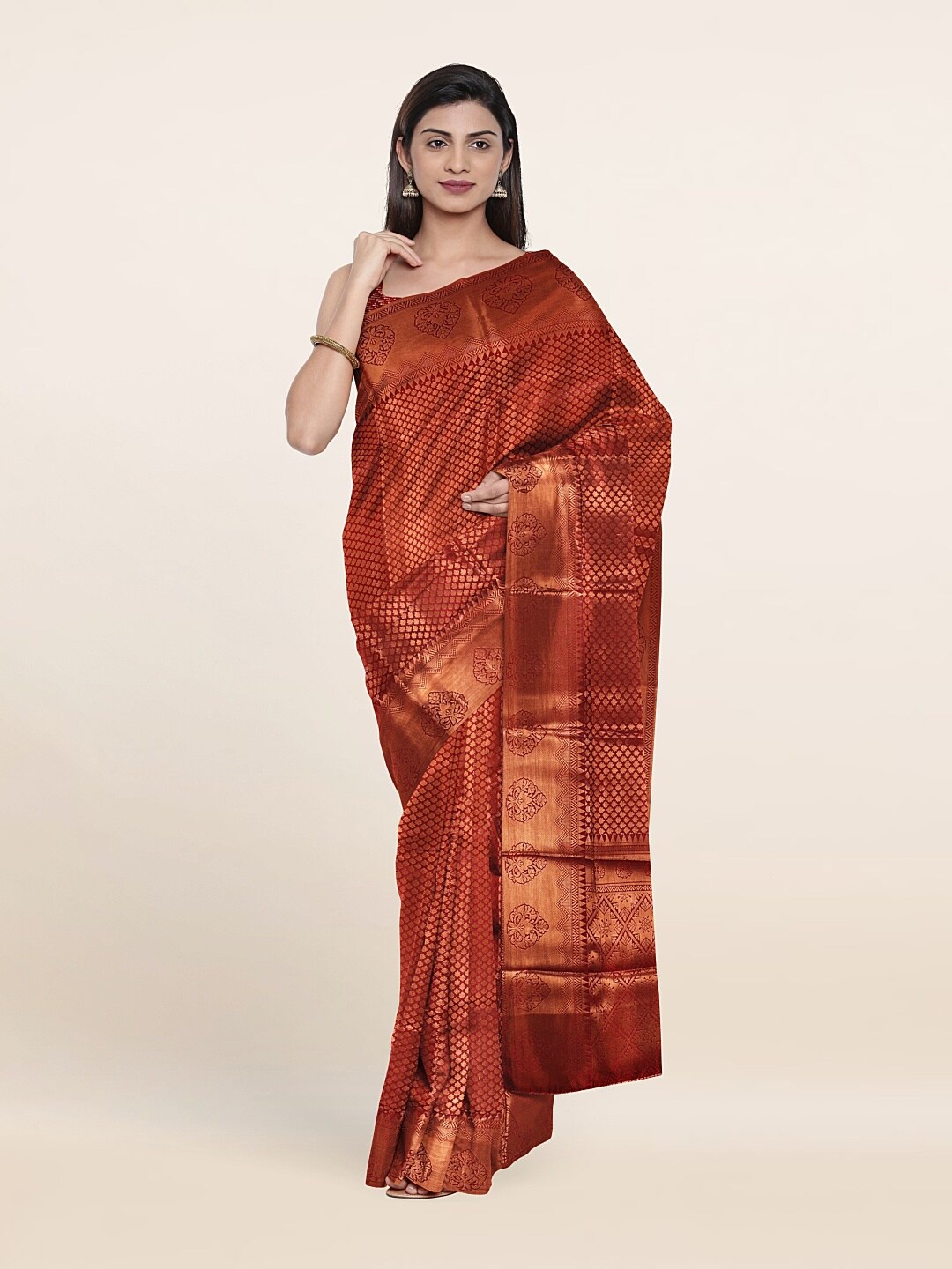 

Pothys Maroon & Copper-Toned Ethnic Motifs Zari Art Silk Saree