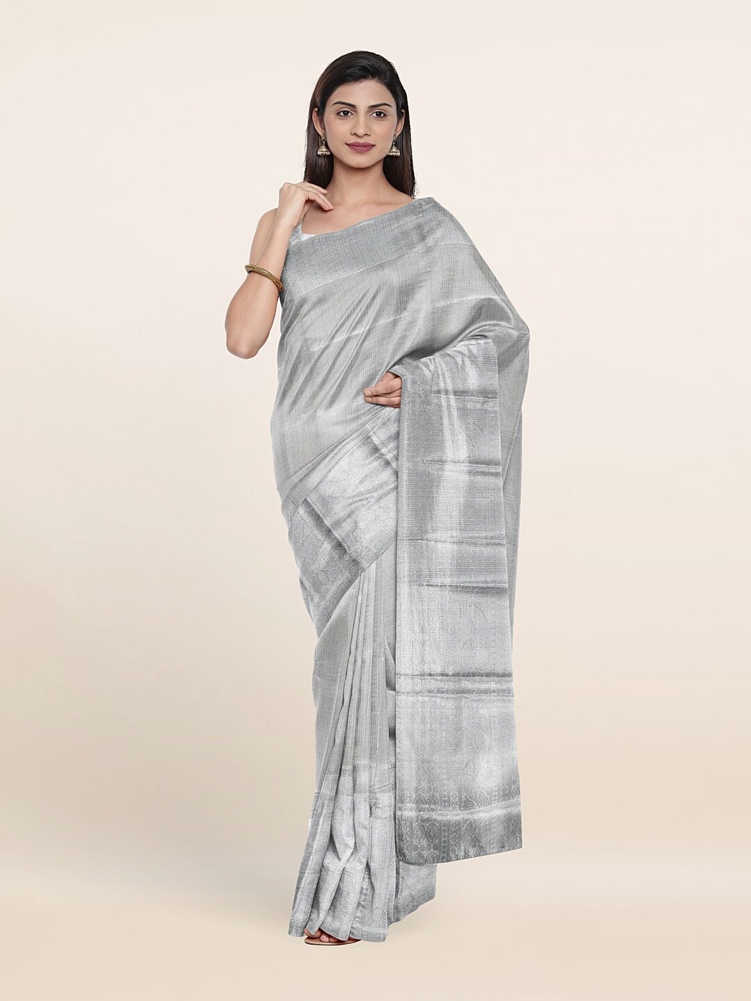 

Pothys Silver-Toned Woven Design Zari Tissue Saree