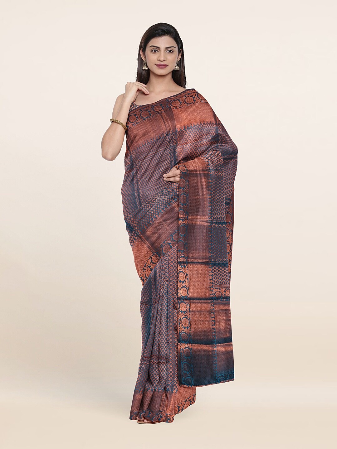 

Pothys Blue & Copper-Toned Woven Design Zari Art Silk Saree