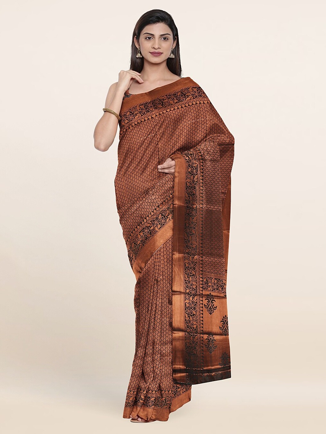 

Pothys Green & Copper-Toned Floral Zari Art Silk Saree