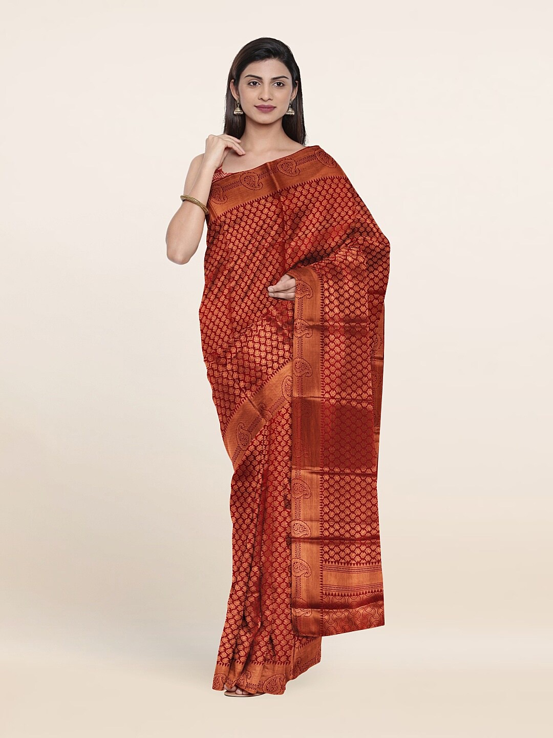 

Pothys Maroon & Copper-Toned Woven Design Art Silk Saree