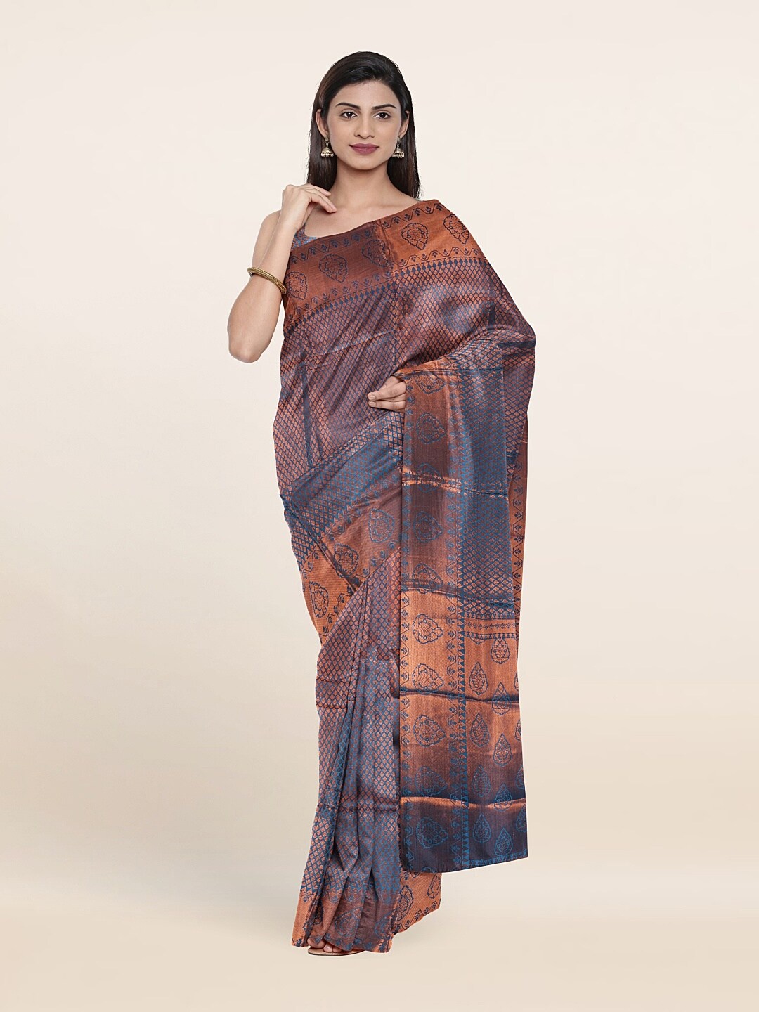 

Pothys Blue & Copper-Toned Woven Design Zari Art Silk Saree