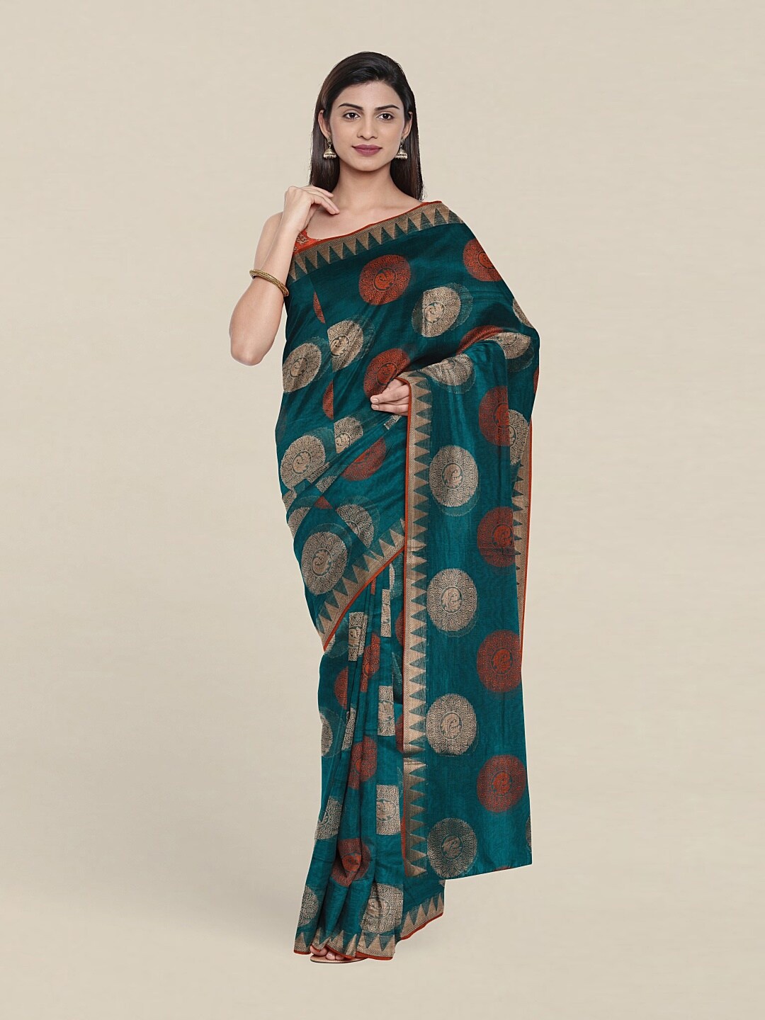 

Pothys Green & Gold-Toned Ethnic Motifs Woven Design Zari Saree