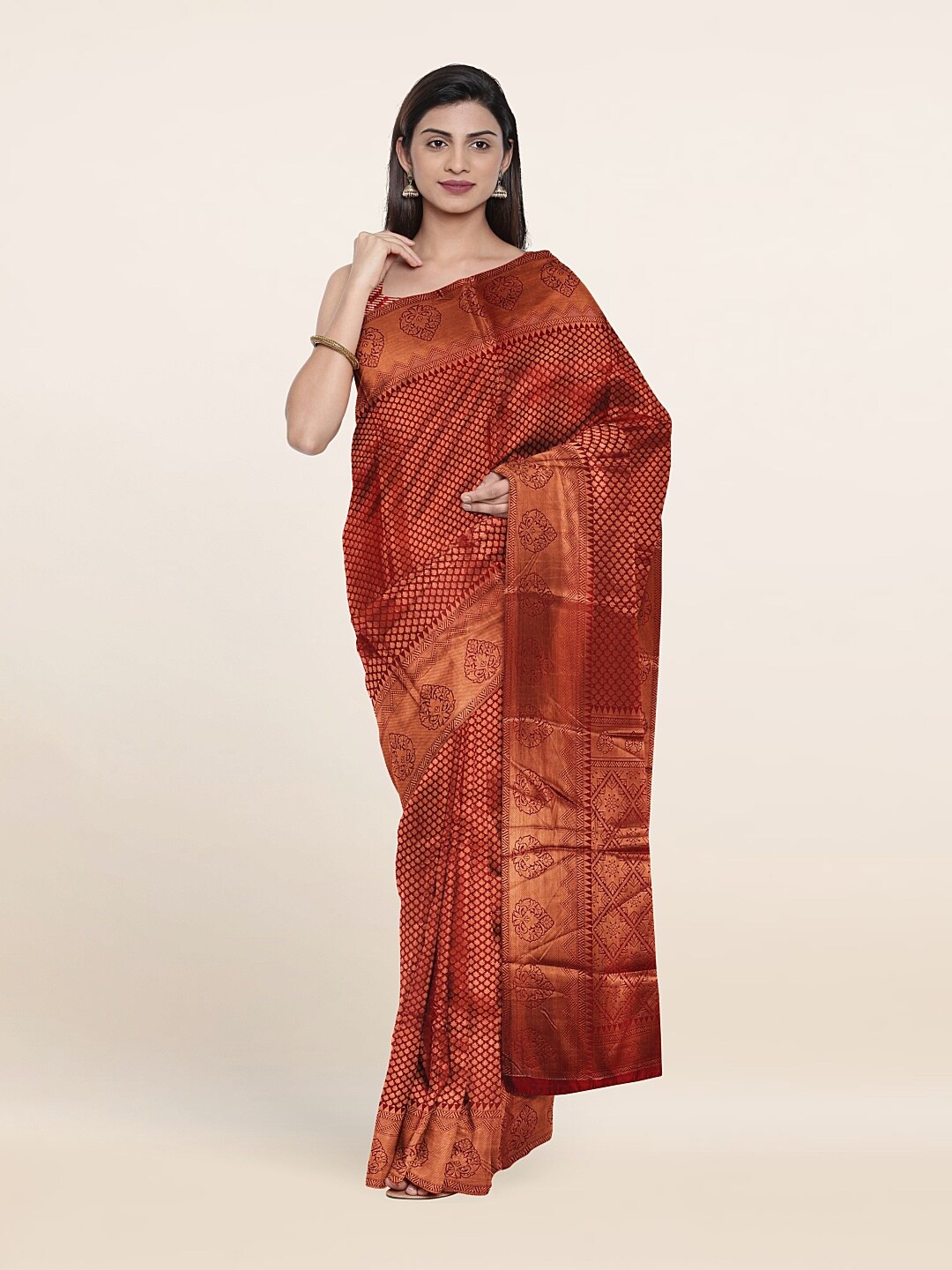 

Pothys Maroon & Copper-Toned Woven Design Zari Art Silk Saree