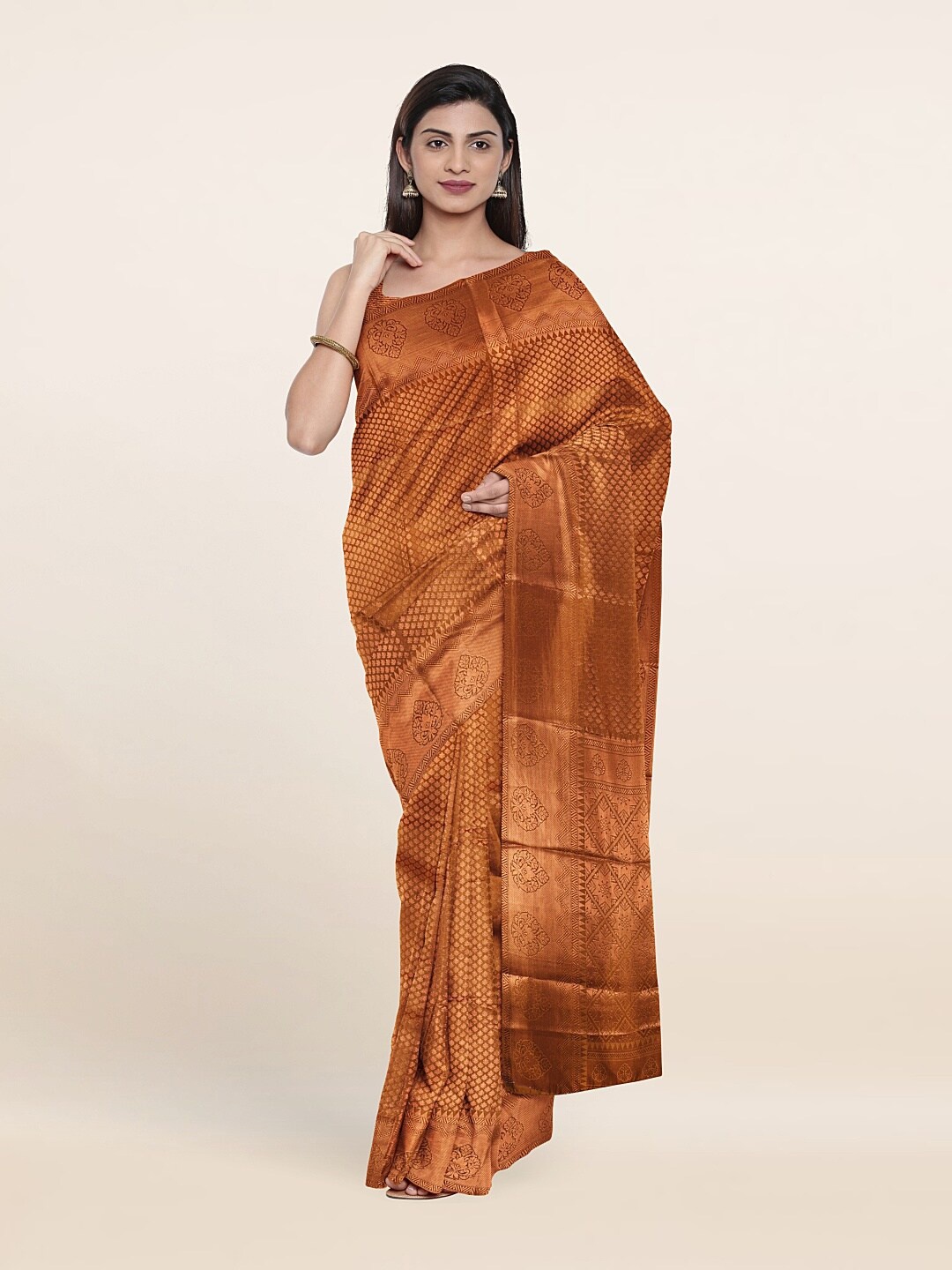 

Pothys Gold-Toned & Copper-Toned Ethnic Motifs Art Silk Saree