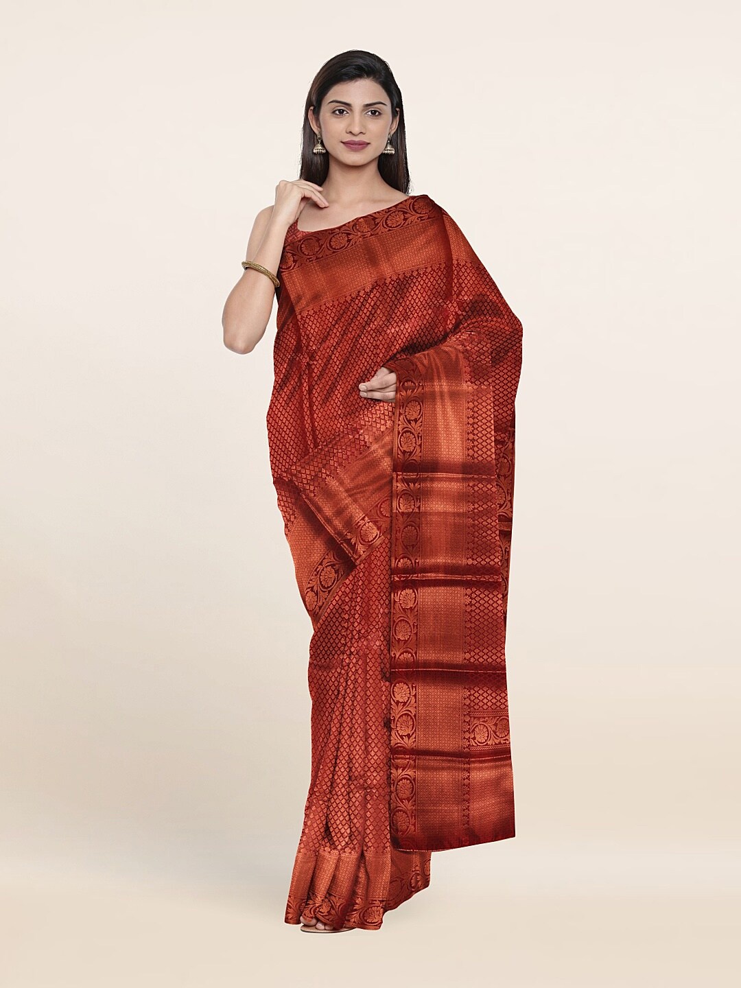 

Pothys Maroon & Copper-Toned Woven Design Art Silk Saree