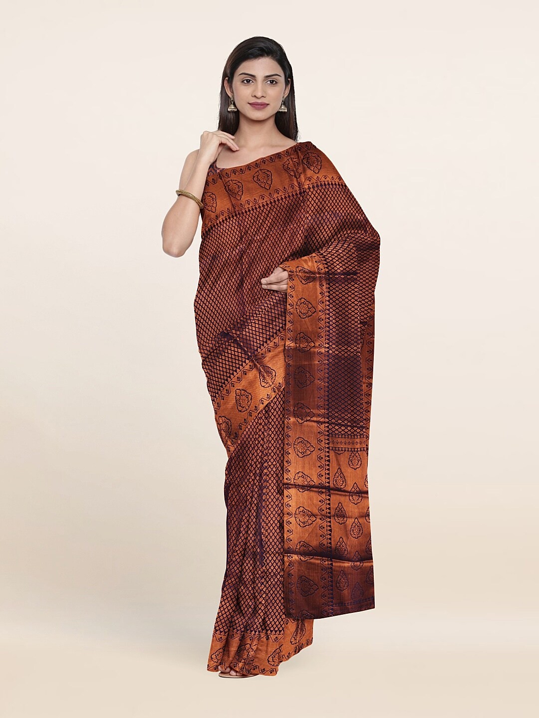 

Pothys Copper-Toned & Navy Blue Woven Design Zari Art Silk Saree