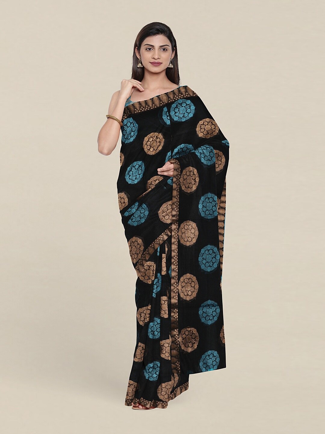 

Pothys Gold Toned Black & Blue Woven Design Zari Saree