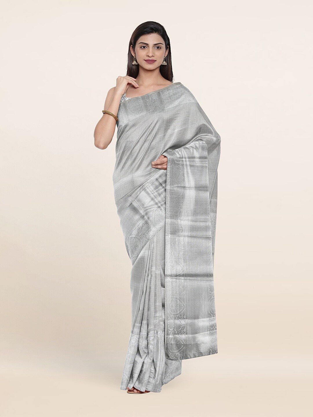 

Pothys Silver-Toned & Silver-Toned Woven Border Zari Tissue Saree