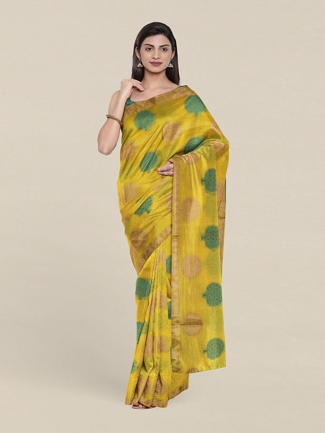 

Pothys Yellow & Green Ethnic Motifs Woven Design Zari Saree