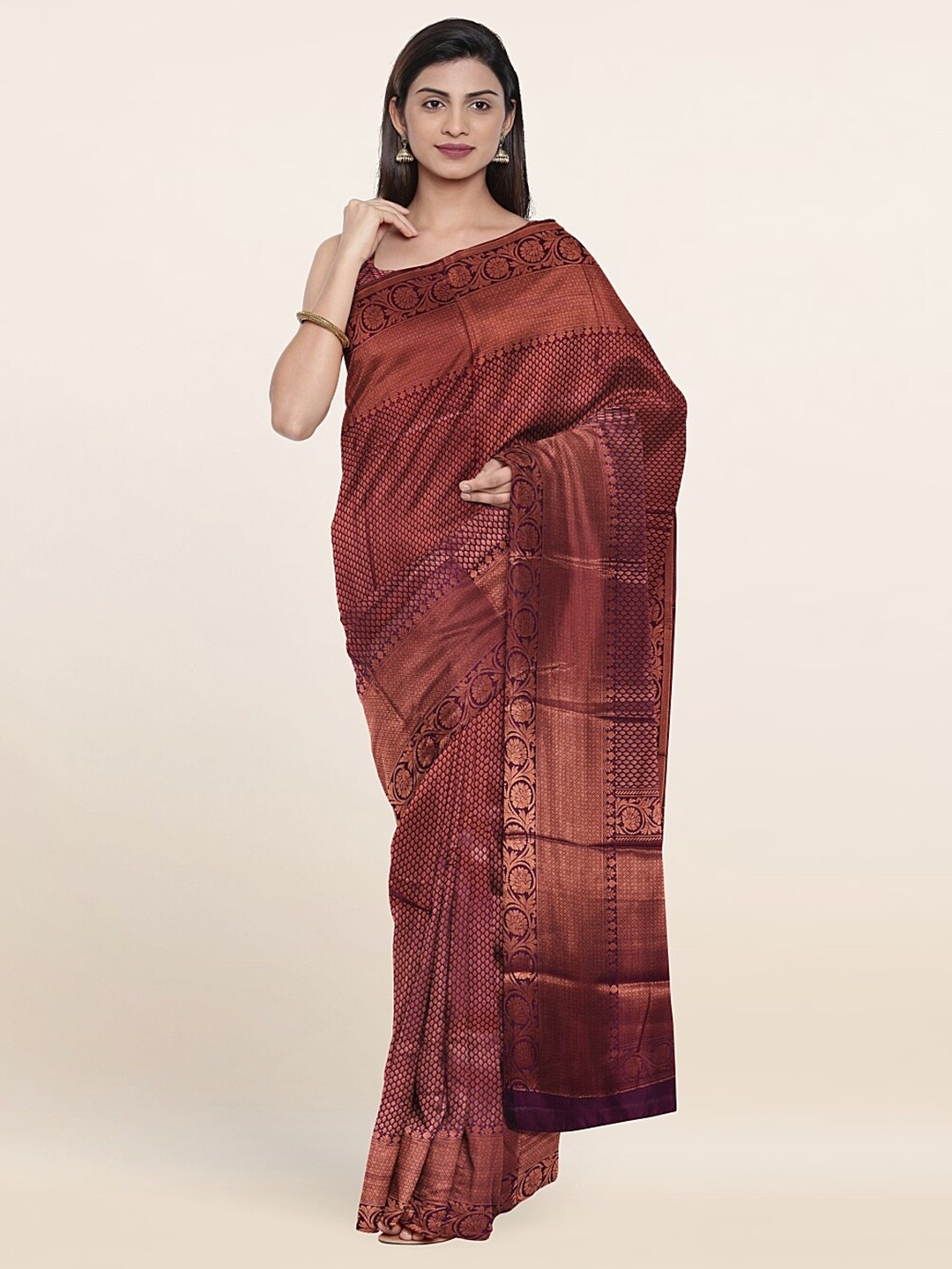 

Pothys Purple & Copper-Toned Ethnic Motifs Zari Art Silk Saree