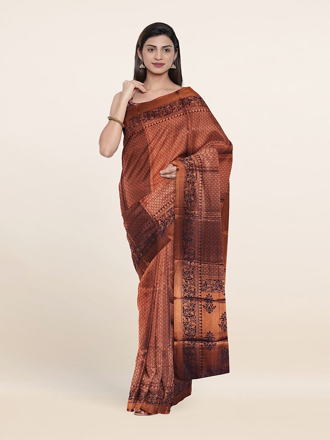 

Pothys Blue & Copper-Toned Floral Art Silk Saree