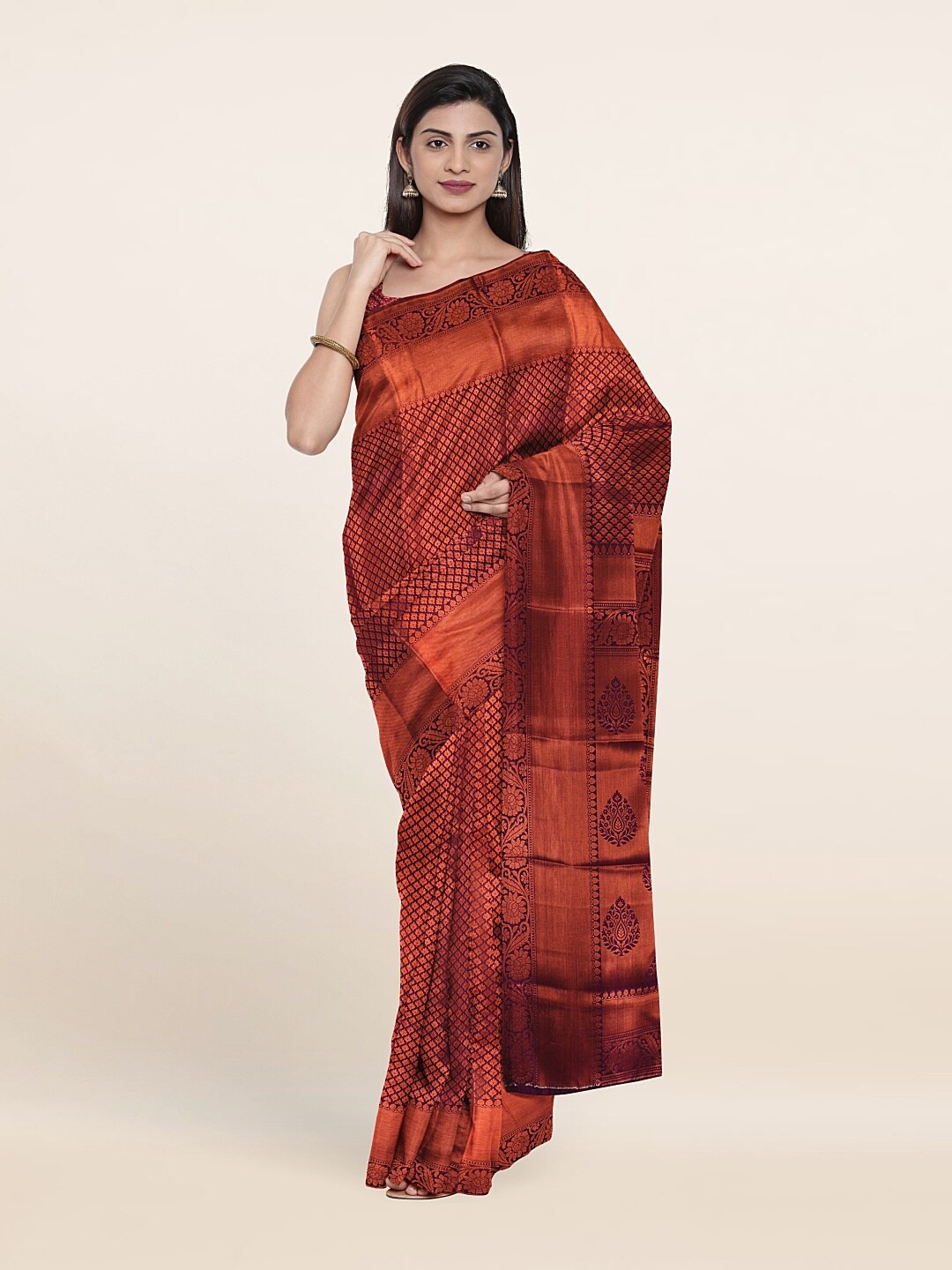 

Pothys Purple & Copper Ethnic Motifs Zari Art Silk Saree