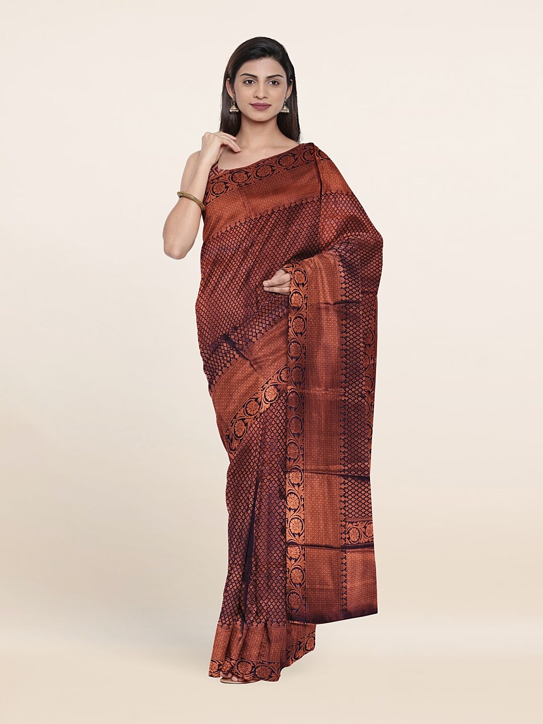 

Pothys Women Navy Blue & Copper Woven Design Art Silk Saree