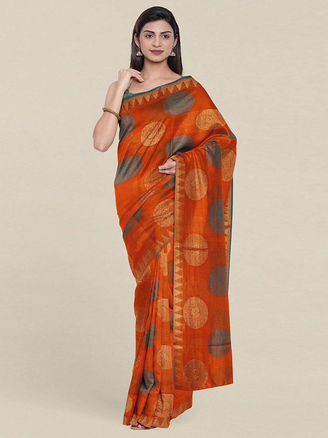

Pothys Orange & Green Woven Design Zari Saree