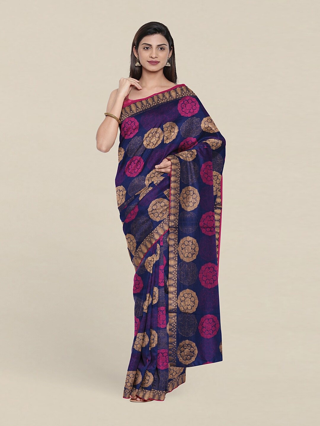 

Pothys Blue & Gold-Toned Floral Woven Design Saree