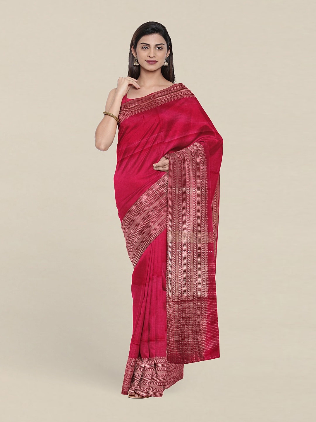

Pothys Pink & Gold-Toned Zari Linen Blend Saree