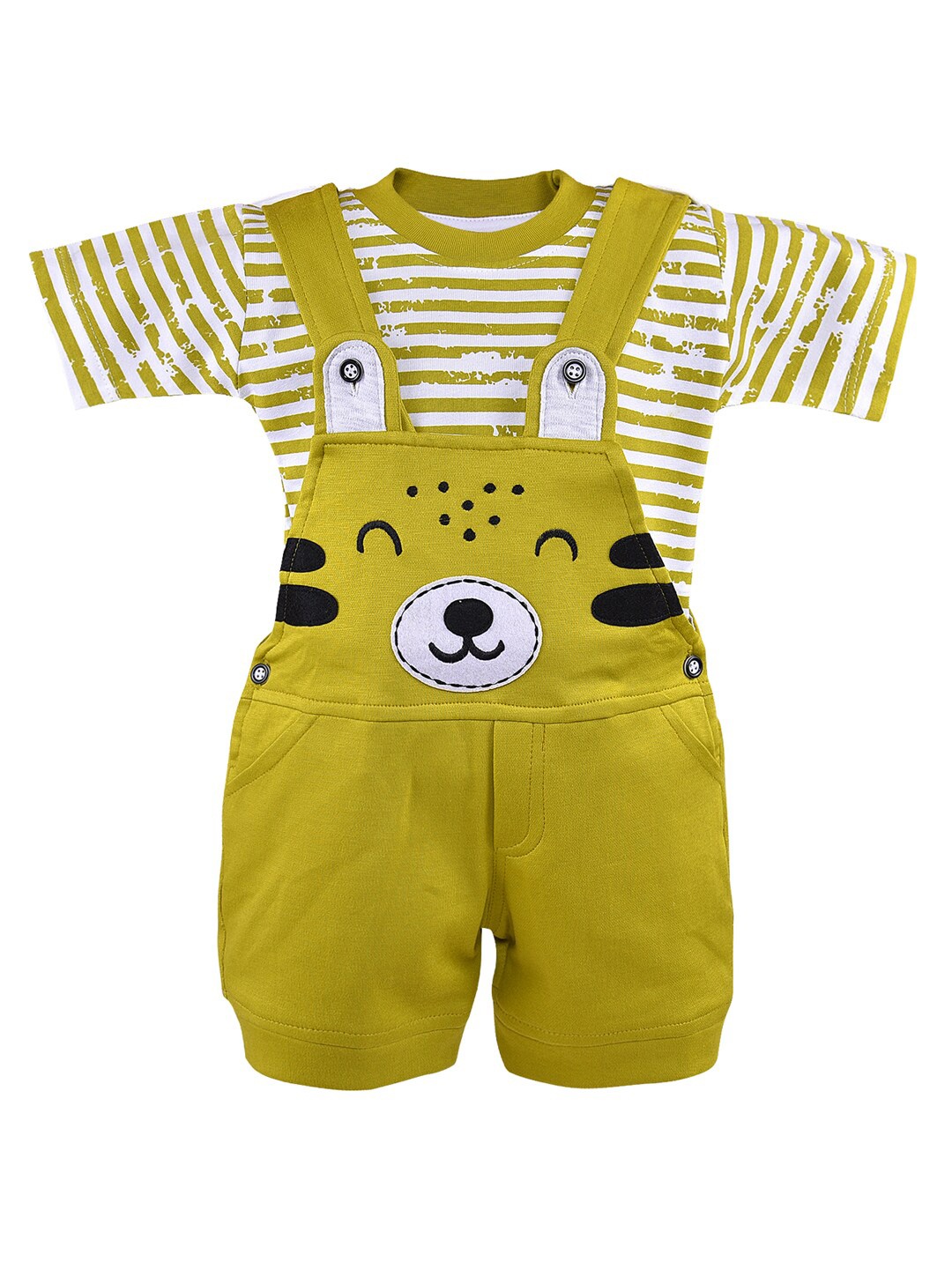 

Wish Karo Boys Green & White Striped T-shirt & Dungaree