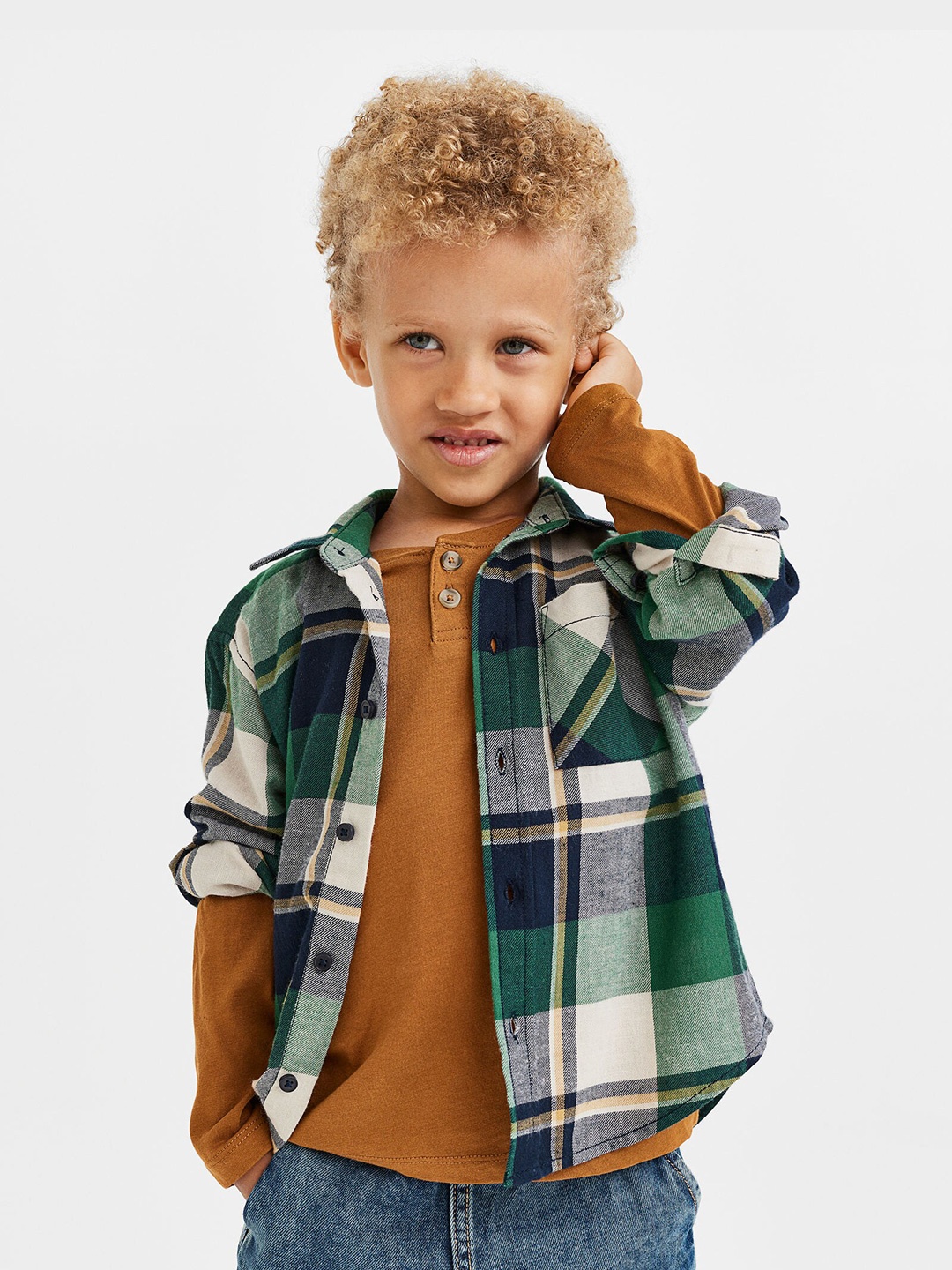 

H&M Boys Tartan Checked Cotton Flannel Shacket, Green