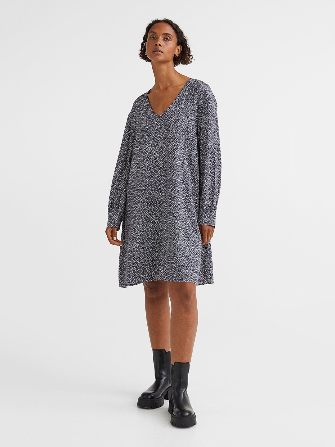 

H&M Women Floral Printed A-Line Dress, Navy blue