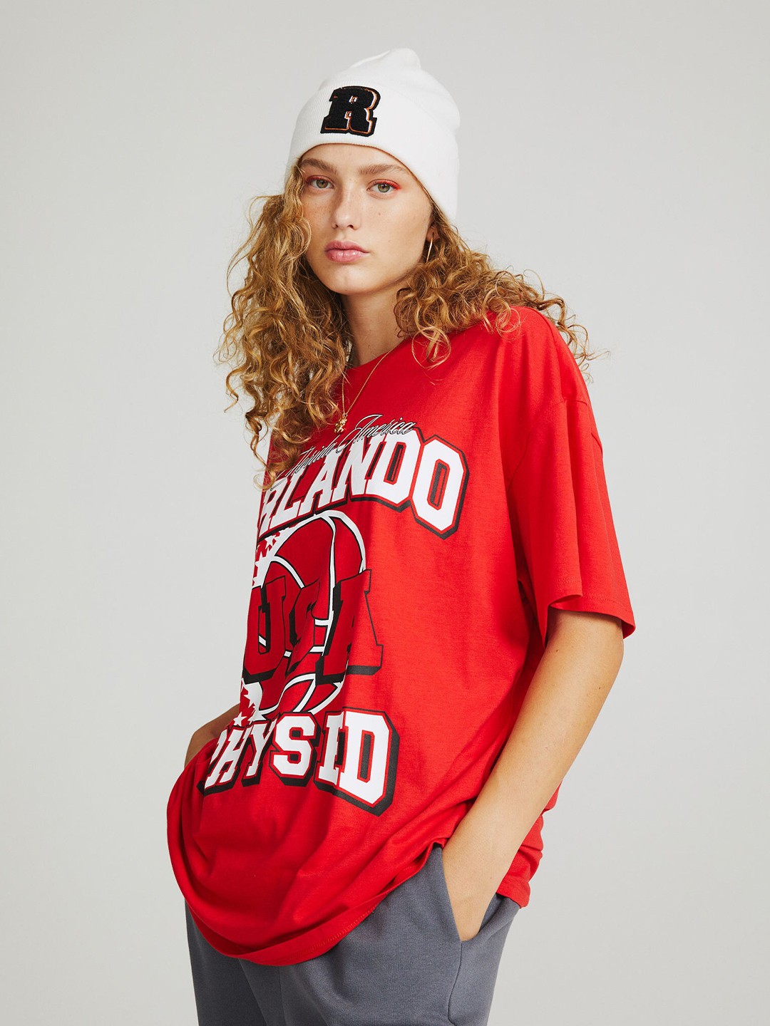 

H&M Women Red & White Oversized Fit Printed T-shirt