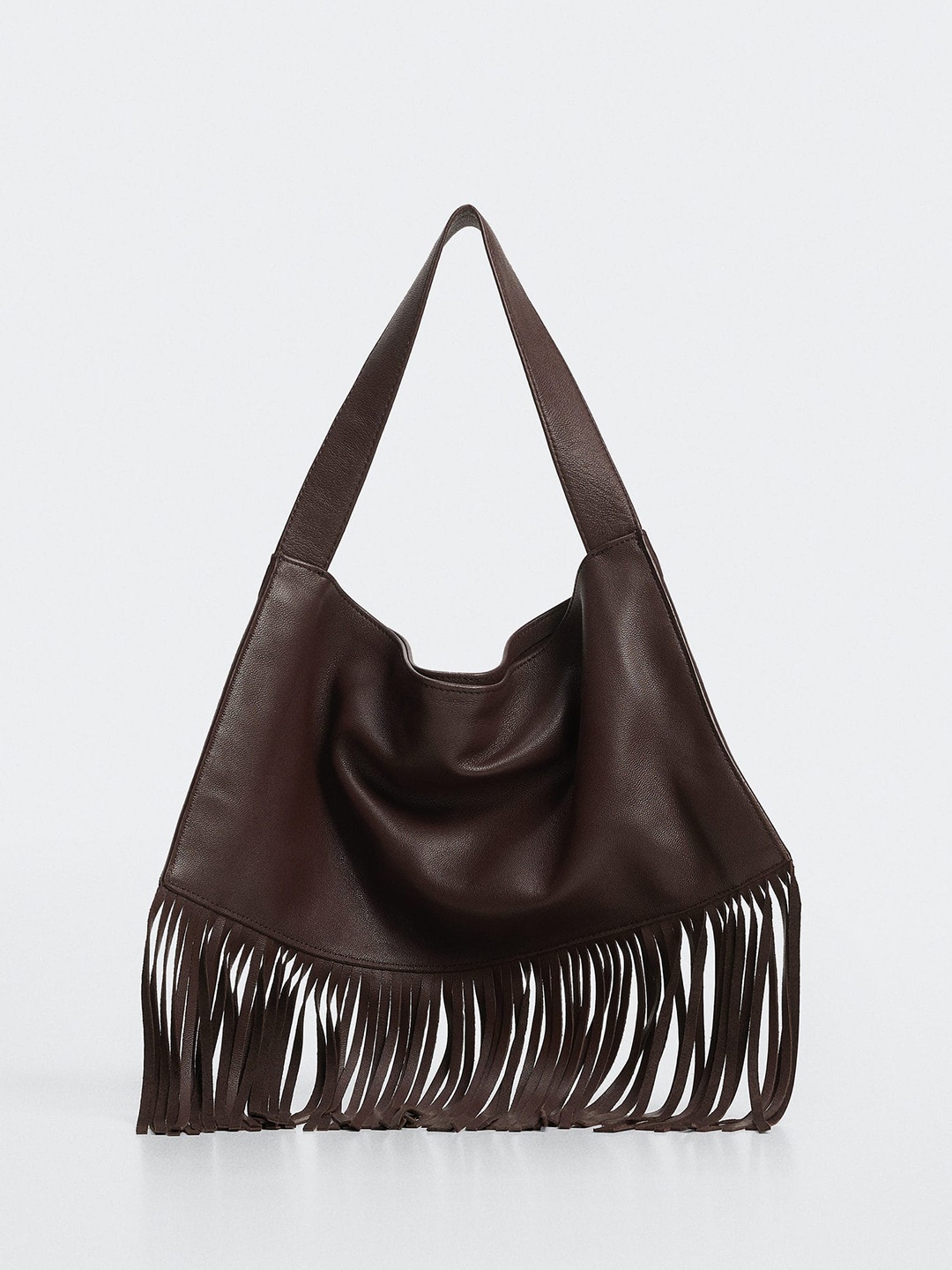 

MANGO Women Coffee Brown Leather Structured Shoulder Bag with Fringed Detail